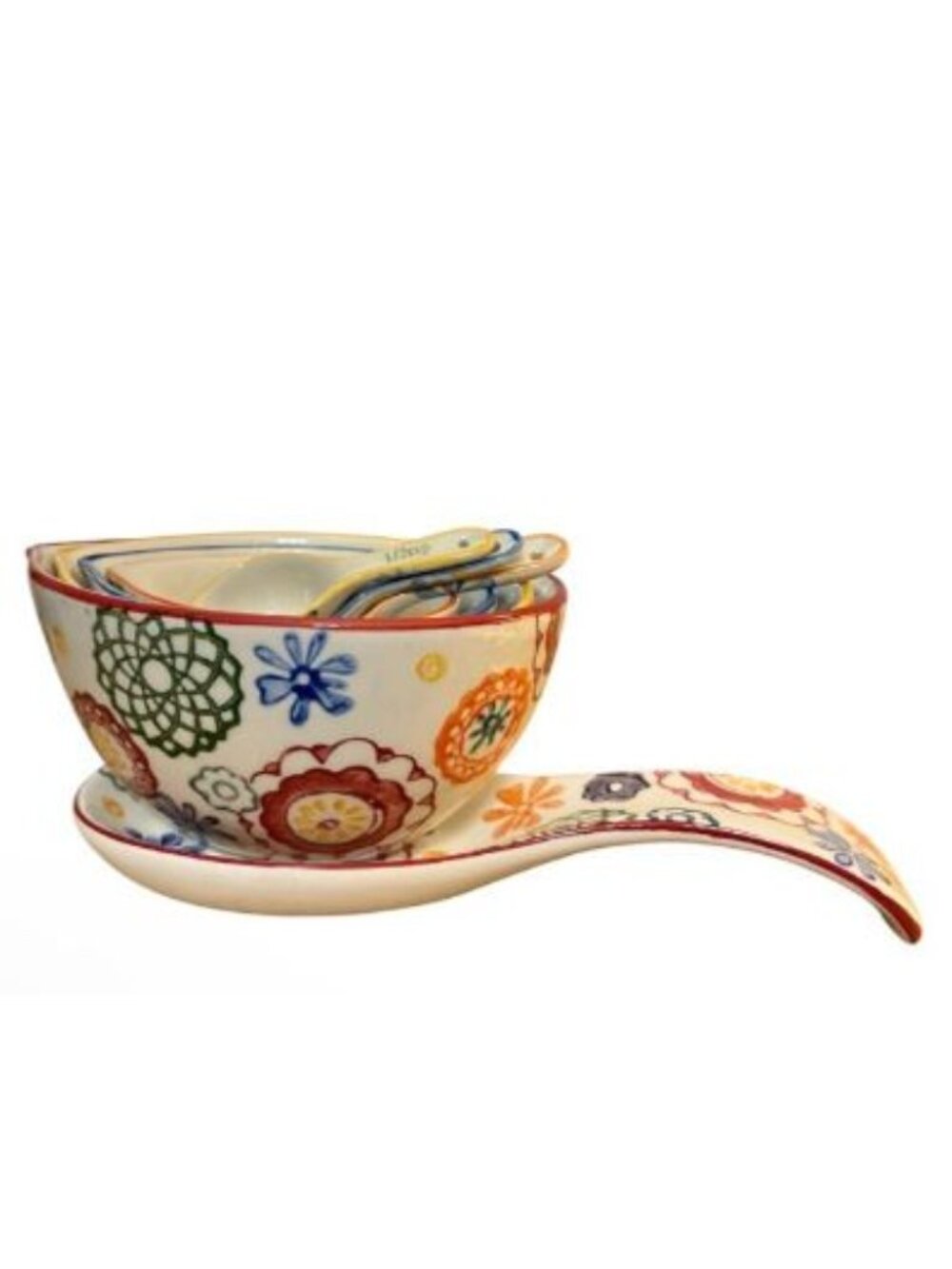 Pier 1 Hand Painted 8 Piece Kitchen Set Measuring Cups Spoons Spoon Rest Boho